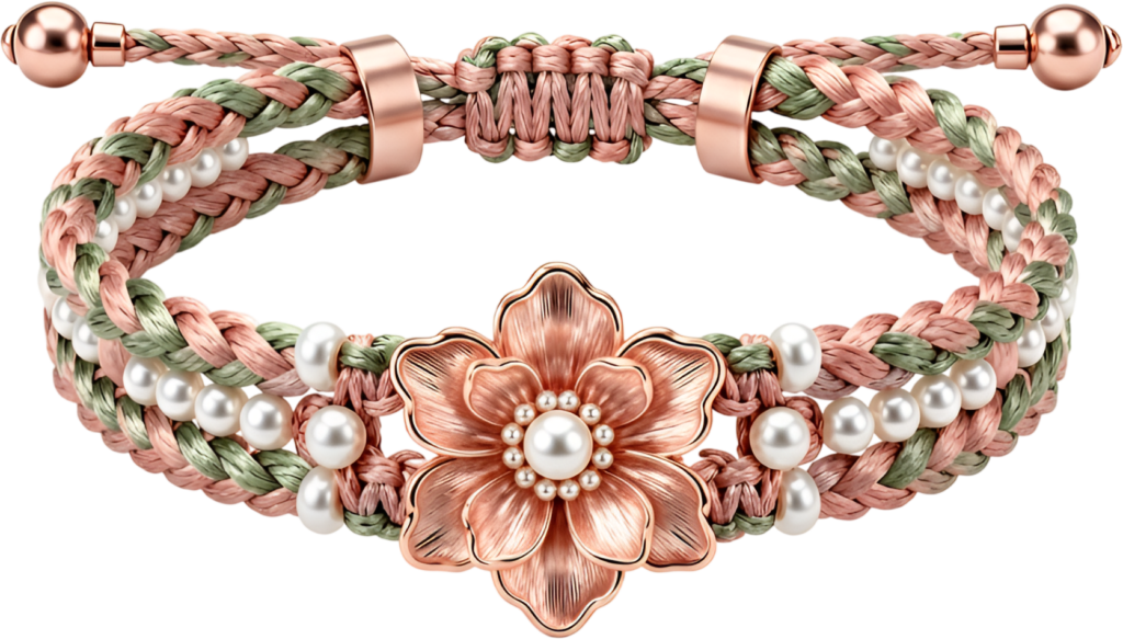 Floral bracelet with a beautiful rose gold flower charm and small pearls on a pink and green braided band, an exquisite friends bracelet PNG clipart for elegant creations