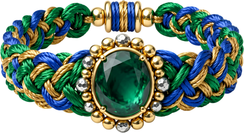 Gemstone bracelet featuring a striking emerald-like medallion surrounded by gold and silver beads, a luxurious friends bracelet PNG clipart for opulent designs