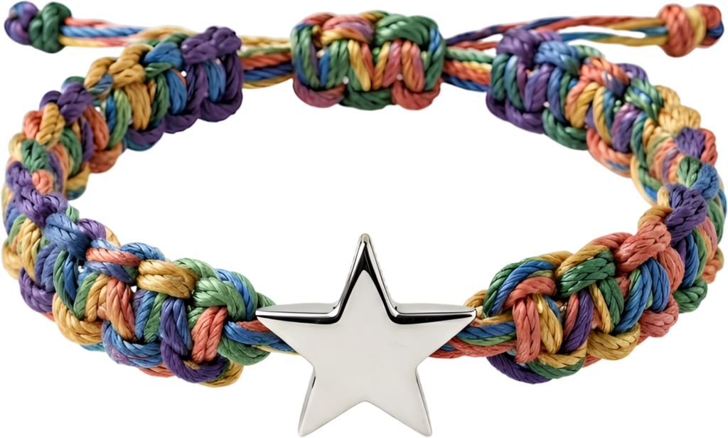 Star charm bracelet with a sleek silver star on a vibrant multi-color macrame band, a cheerful friends bracelet PNG clipart for lively graphics