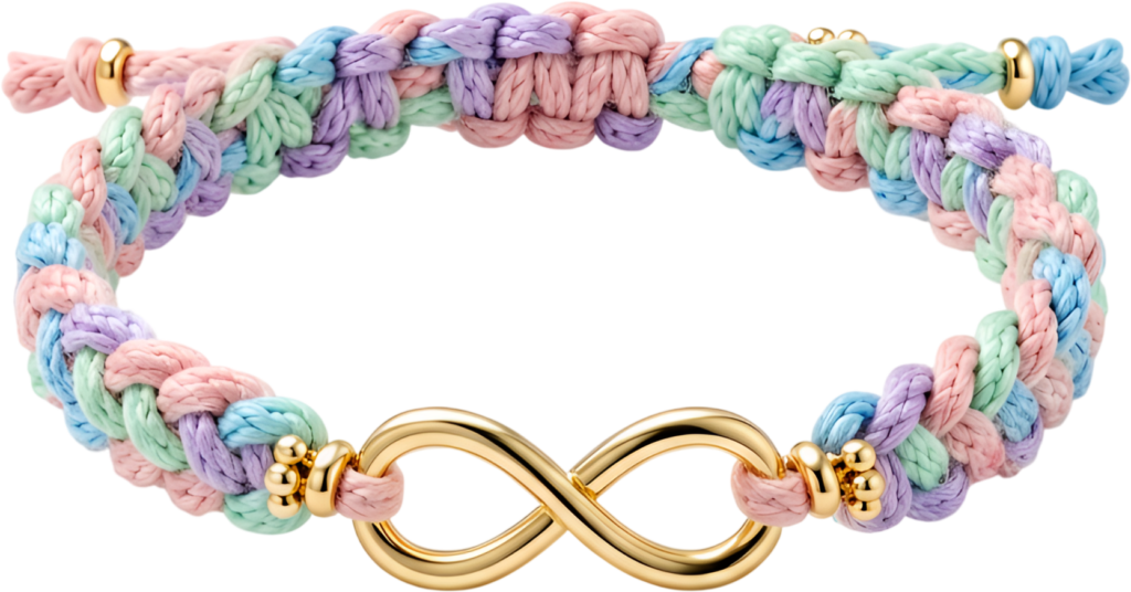 Infinity symbol bracelet featuring a gleaming gold symbol on a soft pastel braided band, a heartfelt friends bracelet PNG clipart for sentimental expressions
