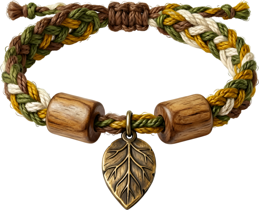 Leaf charm bracelet with a bronze leaf pendant and rustic wooden beads on an earthy braided band, a natural friends bracelet PNG clipart for organic themes