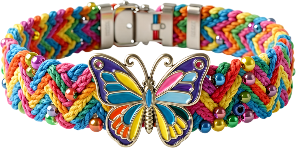 Enamel butterfly bracelet featuring a vibrant, colorful butterfly charm and small beads on a wide rainbow band, a cheerful friends bracelet PNG clipart for bold imagery
