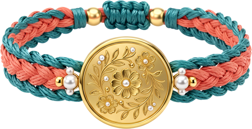 Floral medallion bracelet showcasing a detailed gold floral charm with pearls on a teal and coral braided band, a beautiful friends bracelet PNG clipart for intricate designs