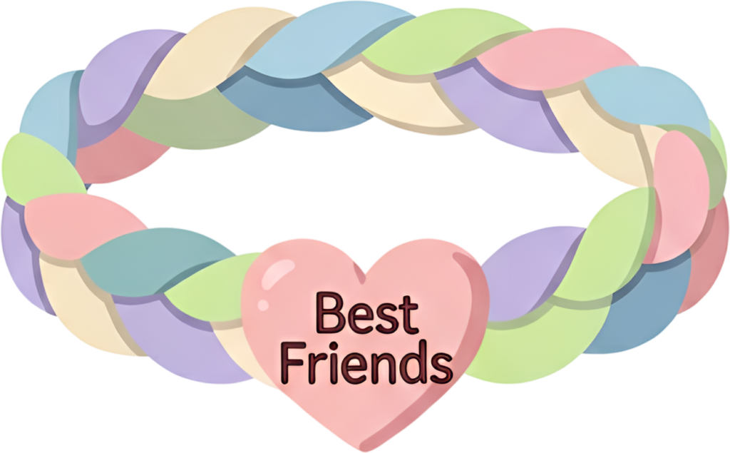 Cartoon friendship bracelet featuring a sweet pink heart with “Best Friends” text on a pastel braided design, a cute friends bracelet PNG clipart for charming visuals