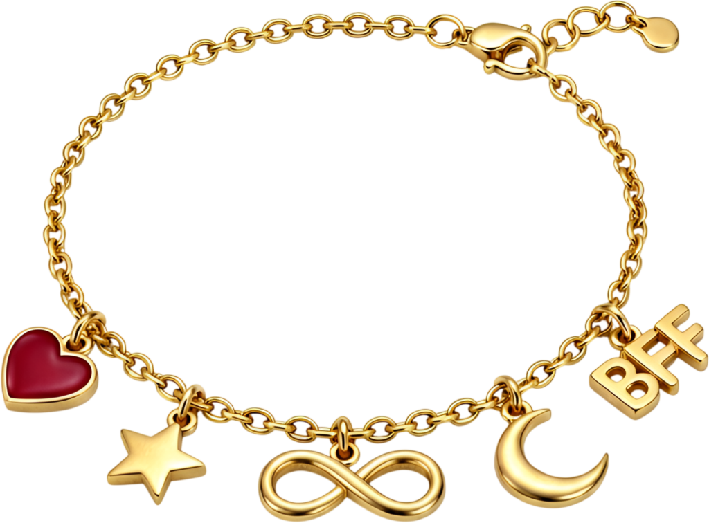 Charm chain bracelet featuring heart, star, infinity, moon, and BFF gold charms, a meaningful friends bracelet PNG clipart for diverse themes