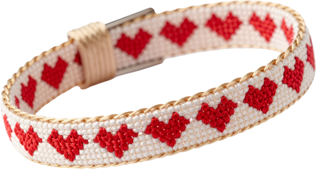 Heart embroidered bracelet with red cross-stitch hearts and a golden braided border, a charming friends bracelet PNG clipart for artisanal crafts