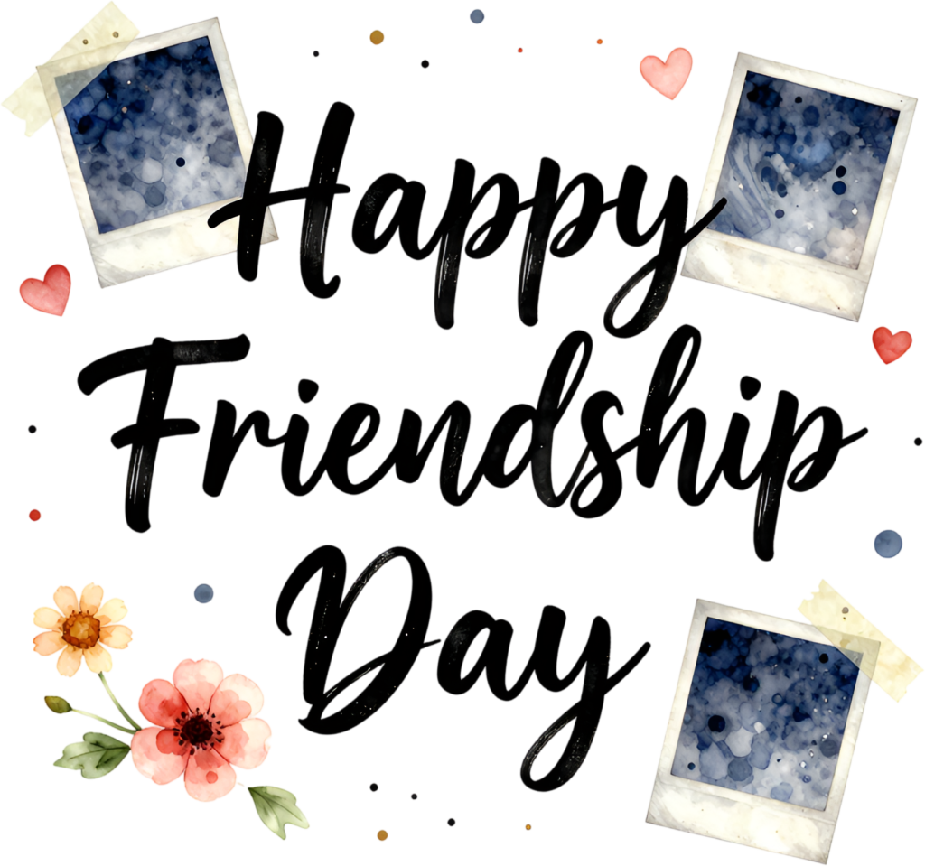Happy Friendship Day wordmark, vintage polaroid photo frames create a charming PNG clipart memory aesthetic.