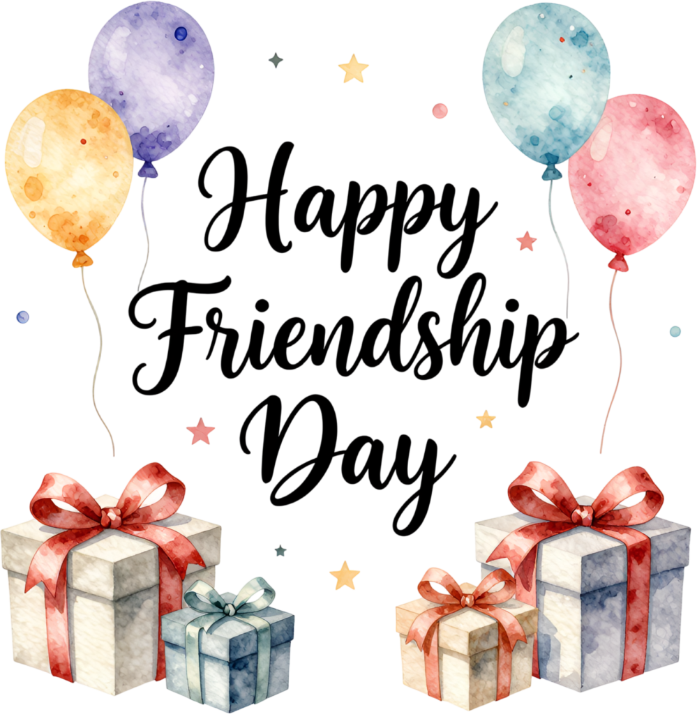 Happy Friendship Day wordmark, watercolor balloons and gift boxes create a delightful PNG clipart celebration graphic.