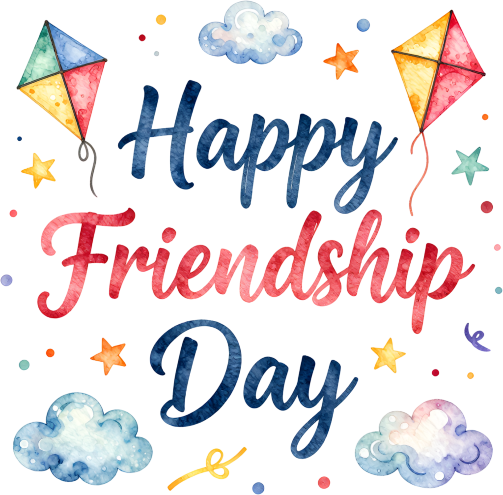 Happy Friendship Day watercolor text, playful kites and fluffy clouds create a vibrant PNG clipart design.