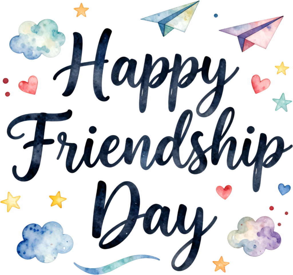 Happy Friendship Day wordmark, charming watercolor clouds and paper airplanes offer a delightful PNG clipart.