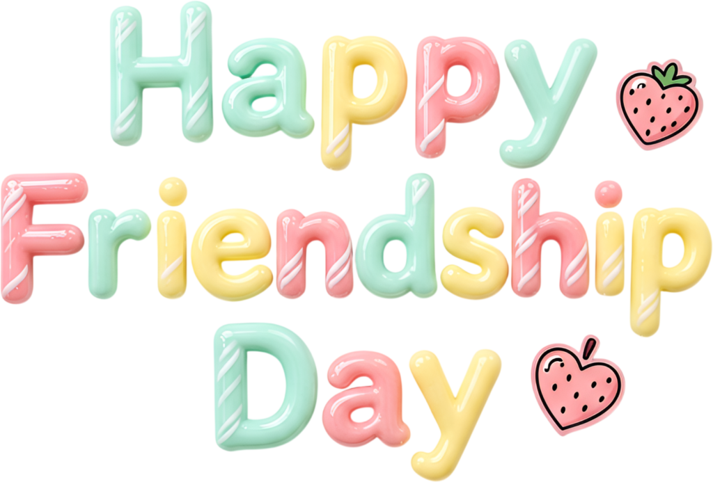 Happy Friendship Day bubble letters, glossy pastel colors and strawberries, a sweet PNG clipart element.