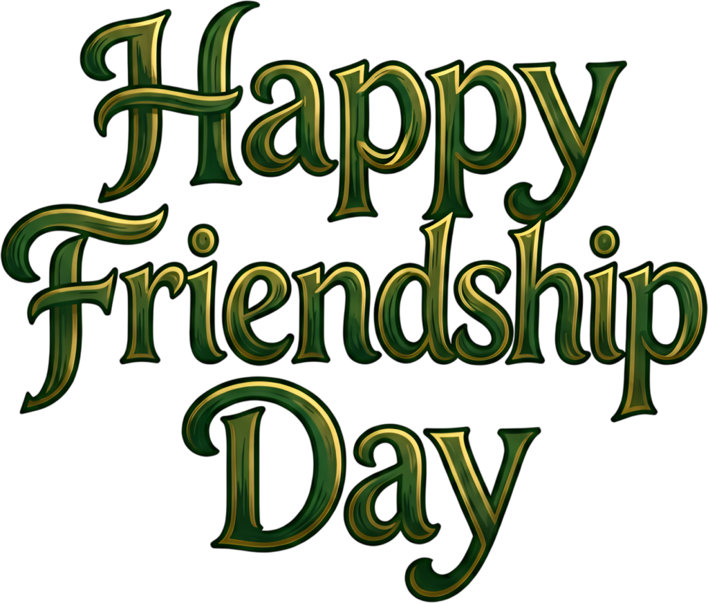 Happy Friendship Day elegant lettering, rich green with gold accents, a sophisticated PNG clipart greeting.