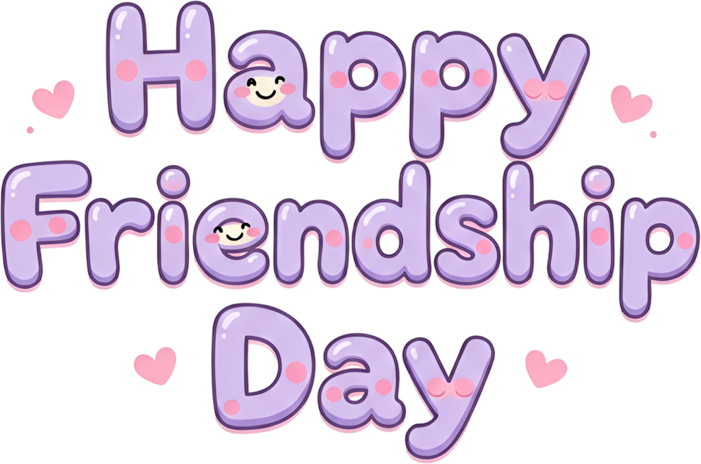 Happy Friendship Day cute bubble letters, charming purple with smiling faces, a playful PNG clipart design.