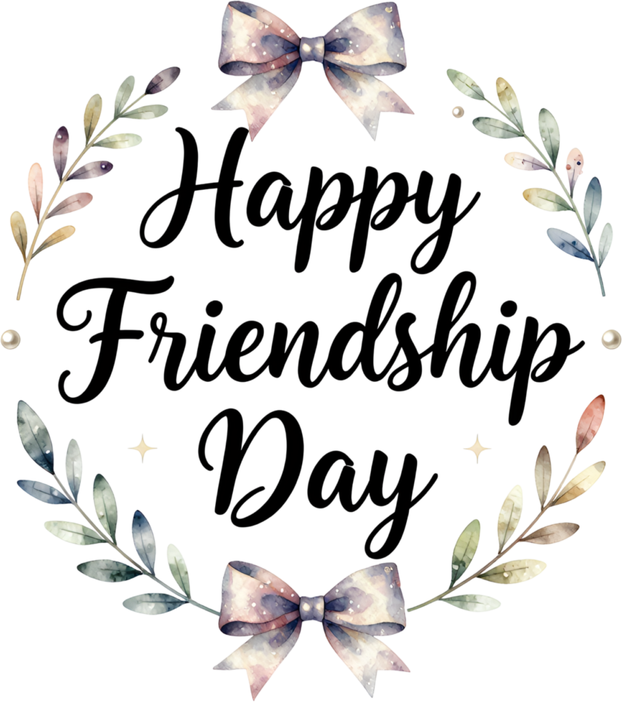 Happy Friendship Day wreath wordmark, elegant watercolor foliage and bows frame a beautiful PNG clipart.