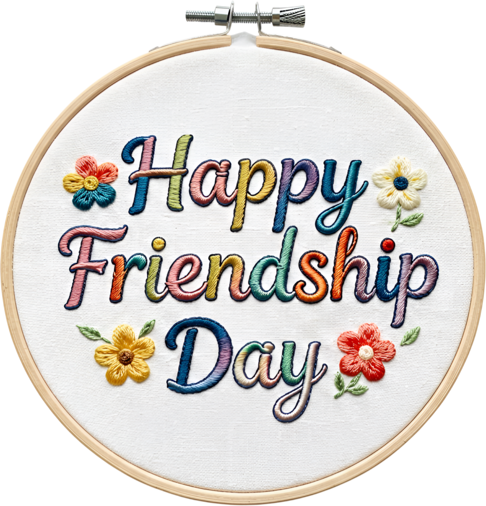 Happy Friendship Day embroidered text, colorful stitches in a wooden hoop, a unique PNG clipart craft.