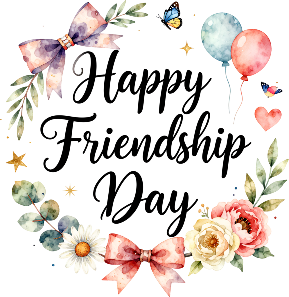 Happy Friendship Day wordmark, vibrant watercolor floral wreath with balloons and butterflies, a joyful PNG clipart.