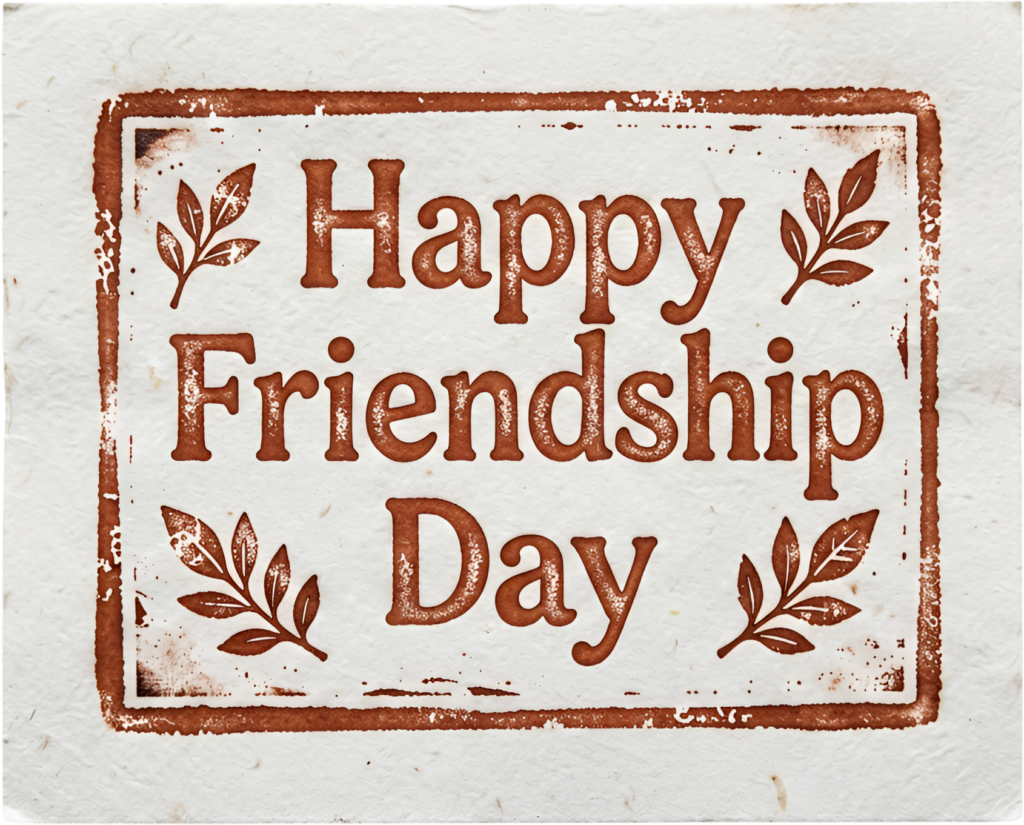 Happy Friendship Day embossed stamp, rustic brown text with leaves on textured paper, a unique PNG clipart.
