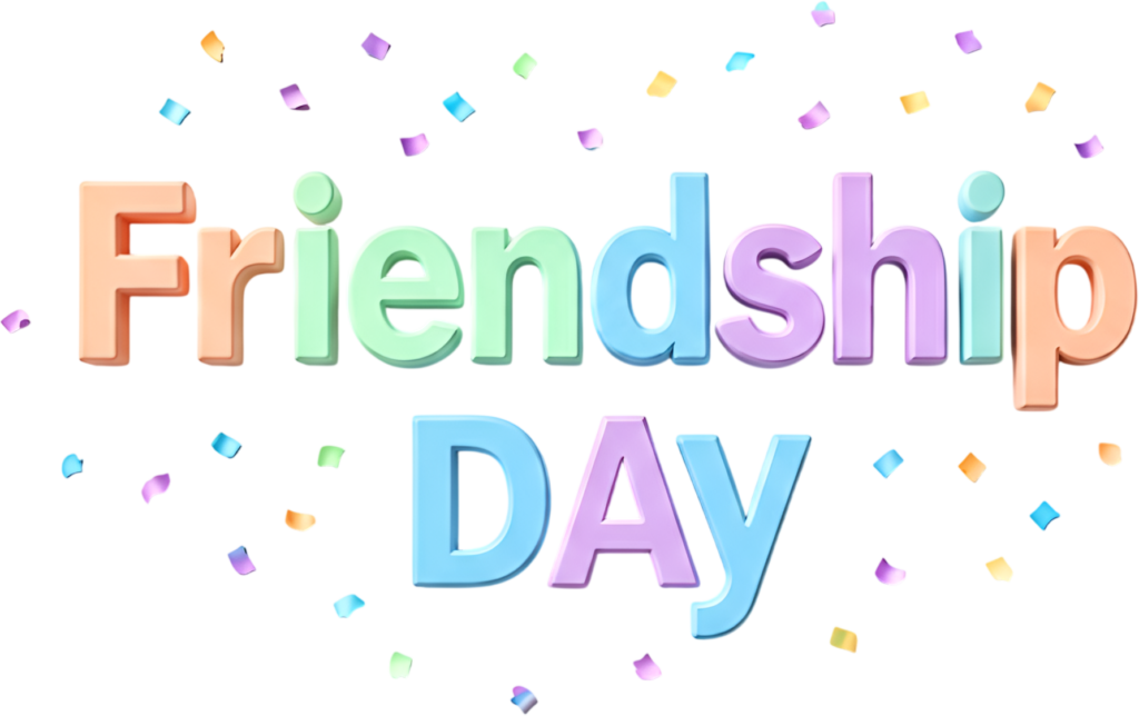 Friendship Day bubble letters, pastel colored text with celebratory confetti, an adorable PNG clipart.