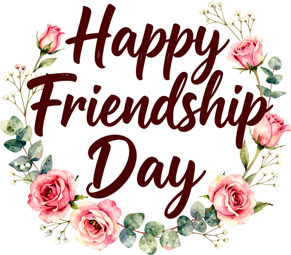 Happy Friendship Day wordmark, elegant pink rose wreath with eucalyptus, a romantic PNG clipart design.