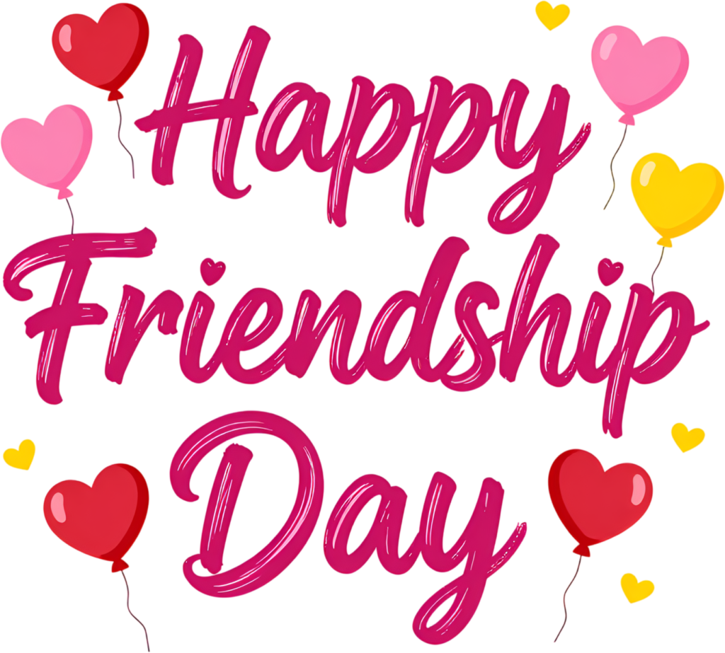 Happy Friendship Day pink text, bold script with heart balloons, a loving PNG clipart graphic.