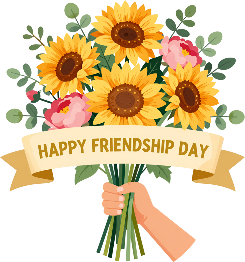 Sunflower bouquet hand holding a “Happy Friendship Day” banner, a heartfelt PNG clipart gesture.