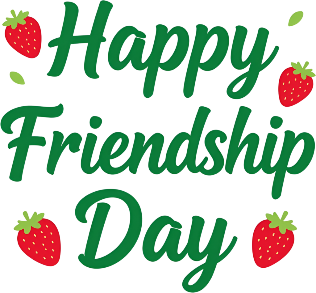 Happy Friendship Day green text, fresh script with juicy strawberries, a delightful PNG clipart.