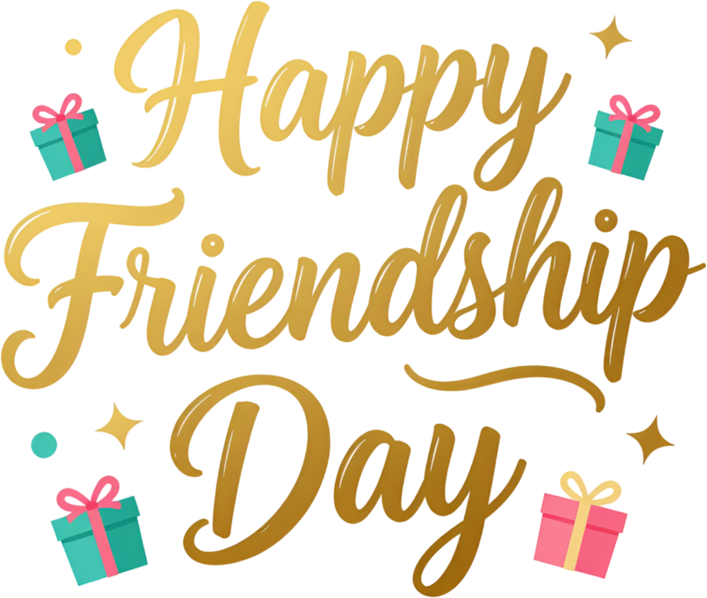Happy Friendship Day golden script, elegant lettering with festive gifts, a shimmering PNG clipart design.
