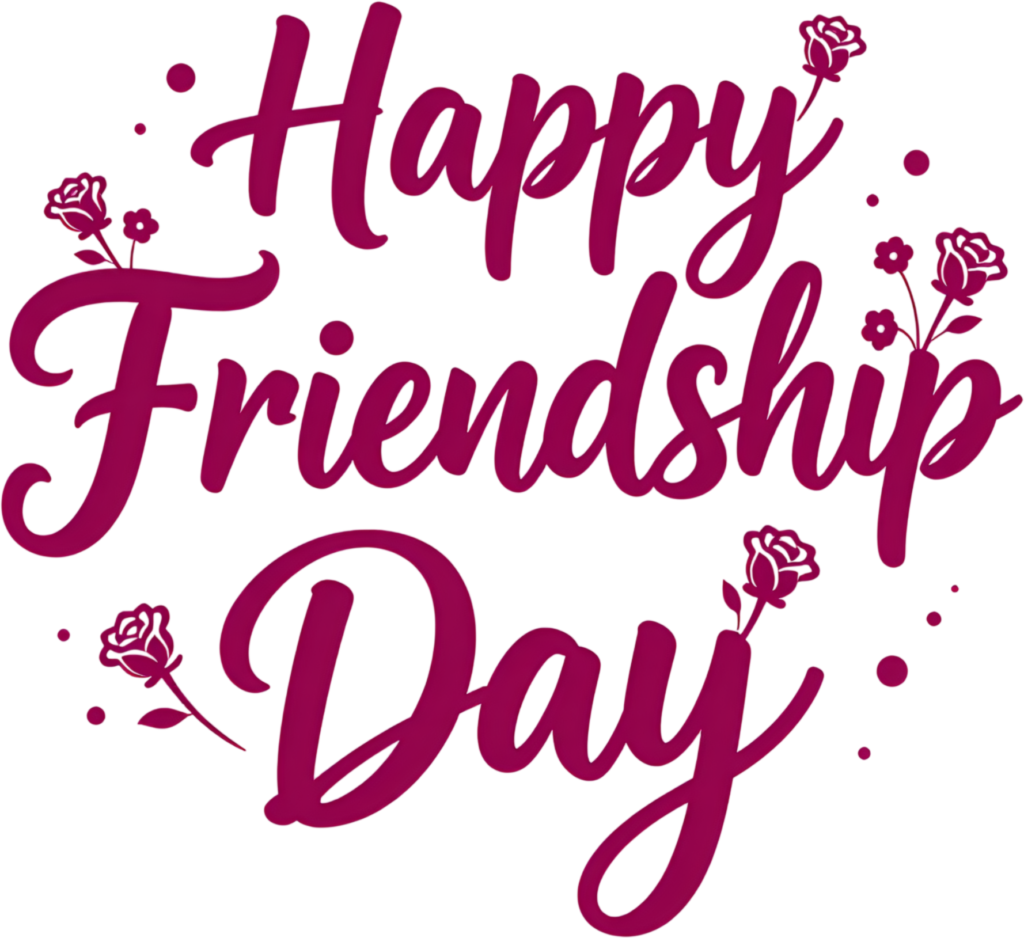 Happy Friendship Day magenta text, bold script with elegant rose illustrations, a vibrant PNG clipart.