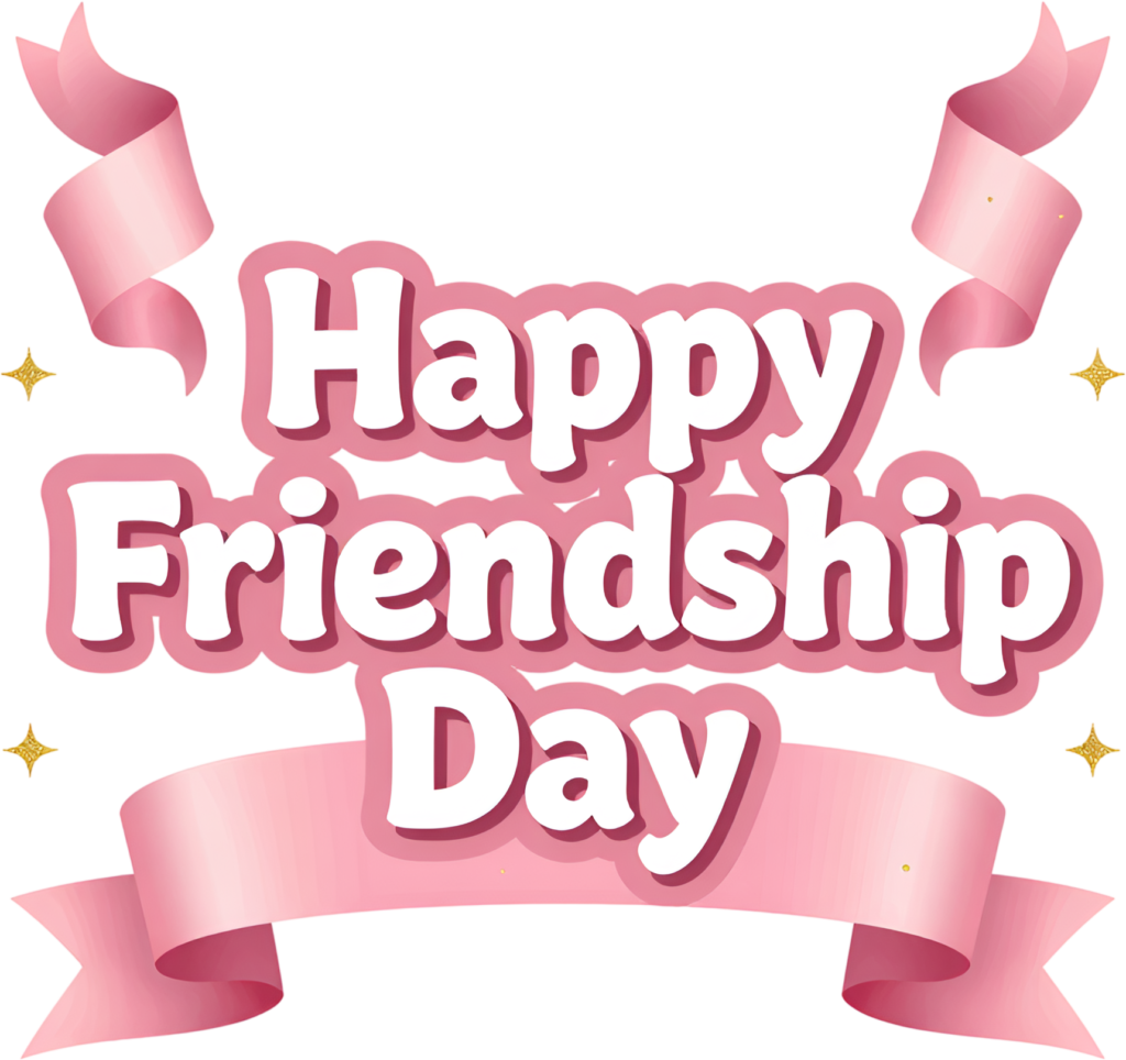 Happy Friendship Day ribbon banner, white text on a flowing pink scroll, a charming PNG clipart.