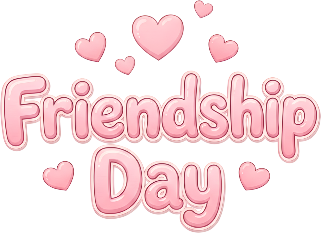 Friendship Day bubble letters, glossy pink text with floating hearts, a sweet PNG clipart.