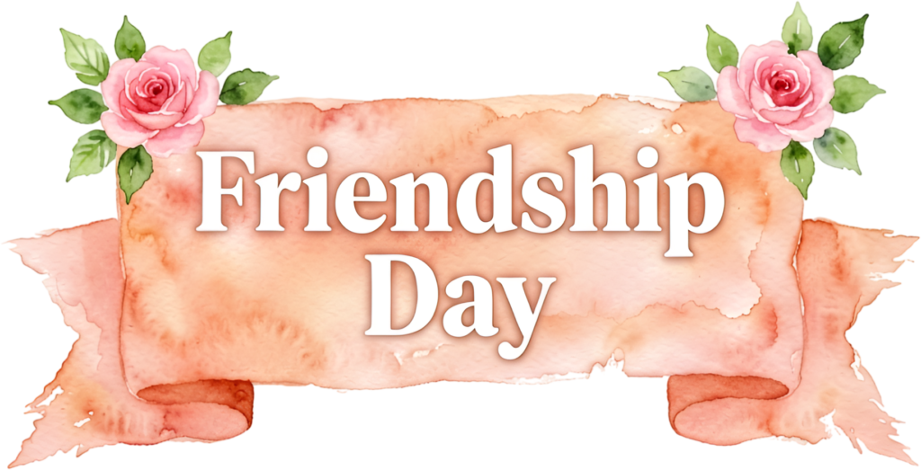 Friendship Day watercolor ribbon, white text with delicate pink roses, an elegant PNG clipart.