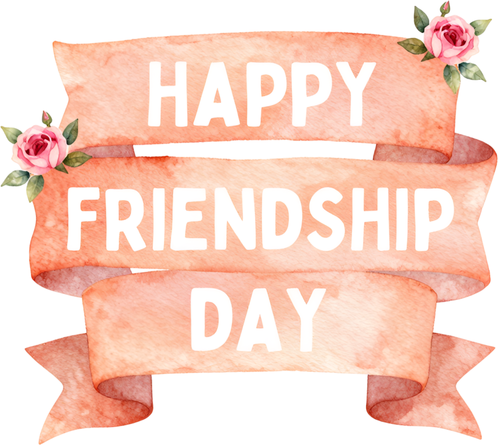 Happy Friendship Day watercolor ribbons, white text across layered banners with roses, an elegant PNG clipart.
