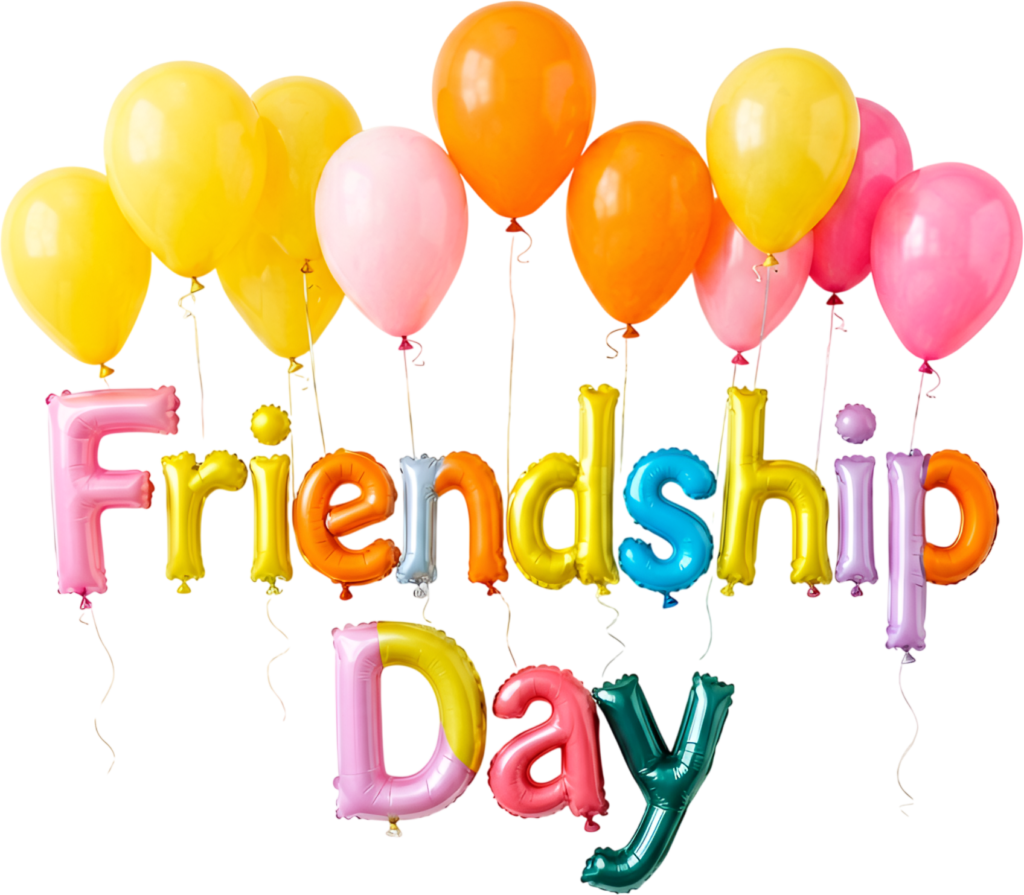 Friendship Day balloon letters, vibrant inflatable typography with floating party balloons, a festive PNG clipart.