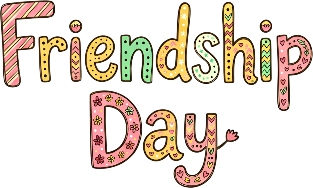 Friendship Day doodle text, playful hand-drawn letters with patterns, a whimsical PNG clipart design.