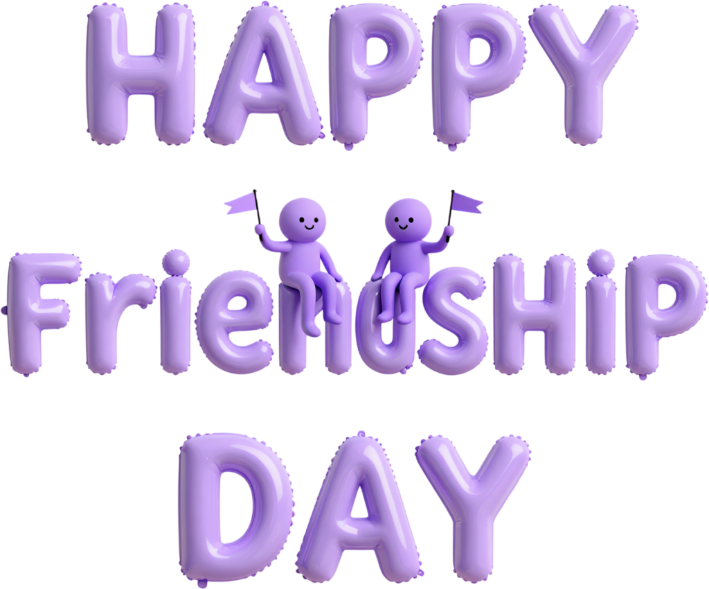 Happy Friendship Day balloon letters, cute purple inflatables with tiny characters, a charming PNG clipart.