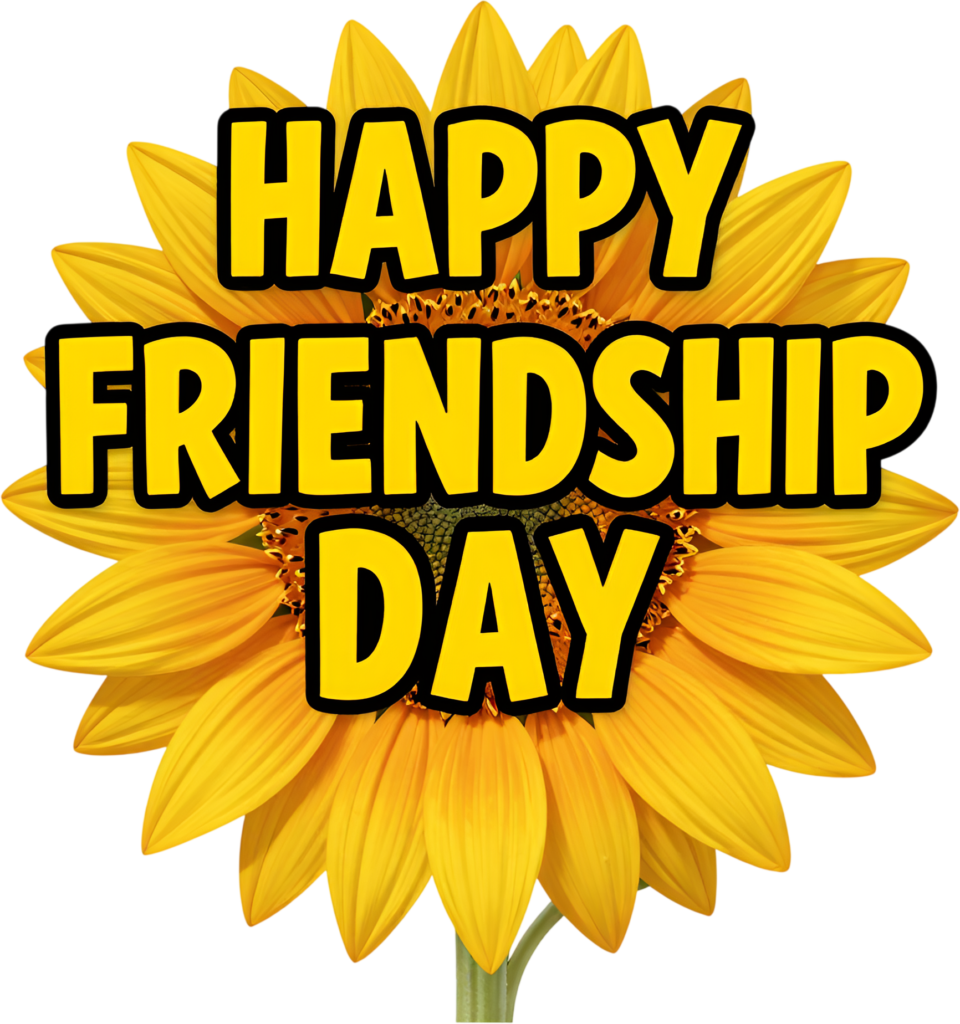 Happy Friendship Day sunflower graphic, bold yellow text on a vibrant bloom, a cheerful PNG clipart.