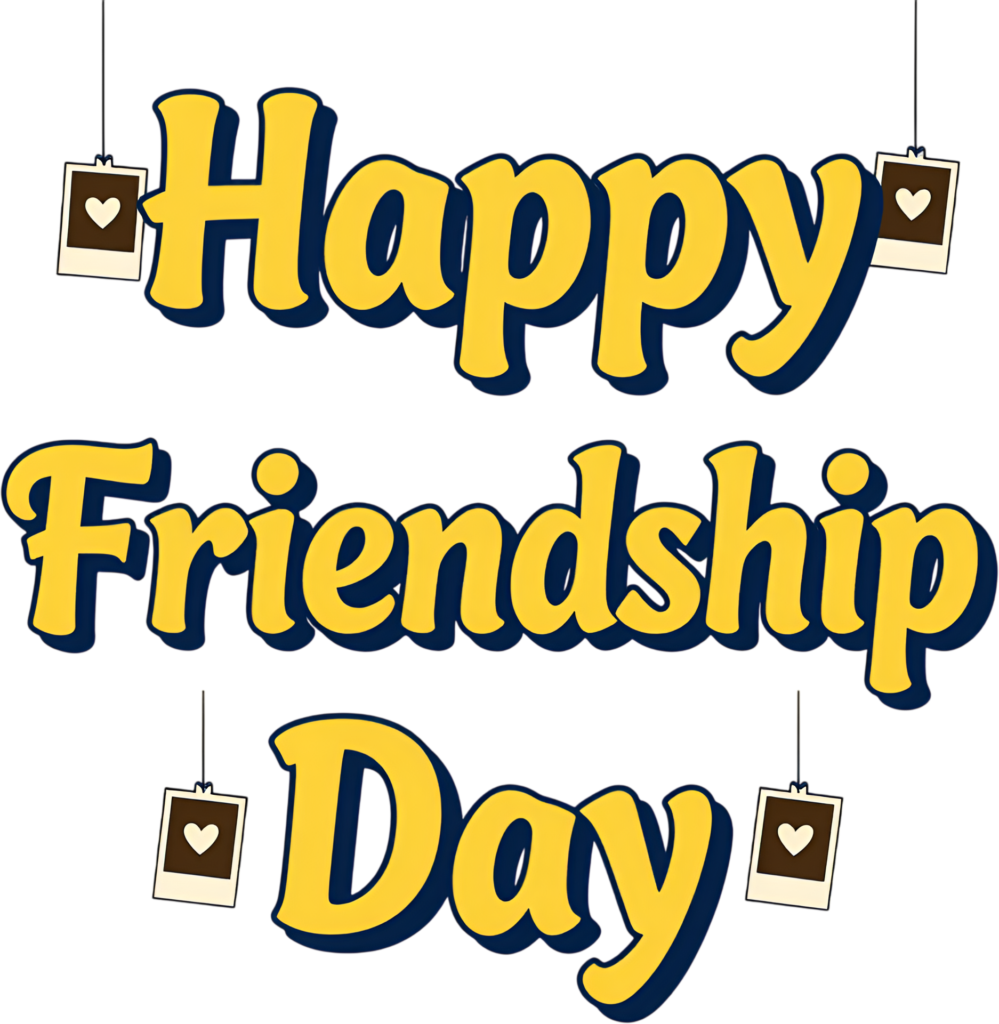 Happy Friendship Day yellow text, vibrant lettering with hanging polaroid memories, a cheerful PNG clipart.