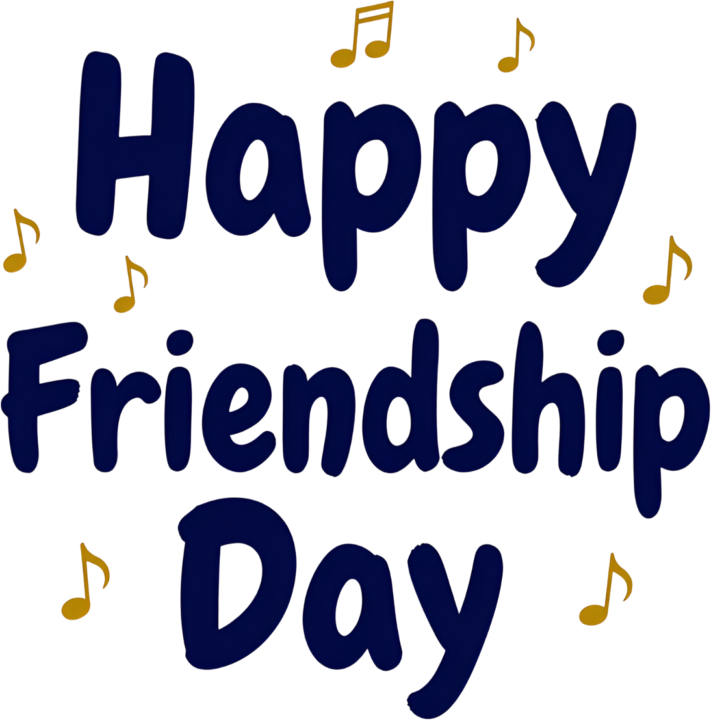 Discover playful “Happy Friendship Day” word art adorned with charming musical notes, perfect for greeting cards PNG clipart.