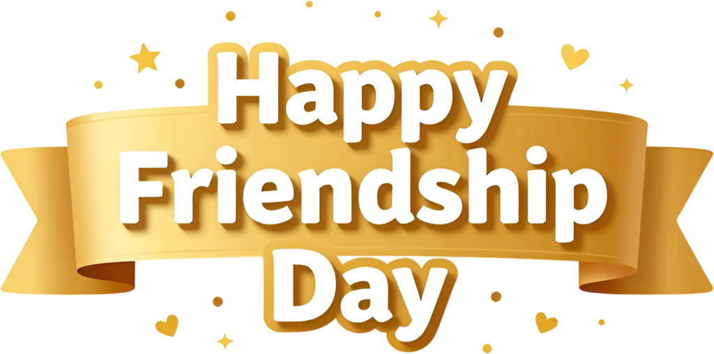 Find an elegant “Happy Friendship Day” greeting presented on a gleaming golden ribbon, complete with delicate stars and hearts PNG clipart.