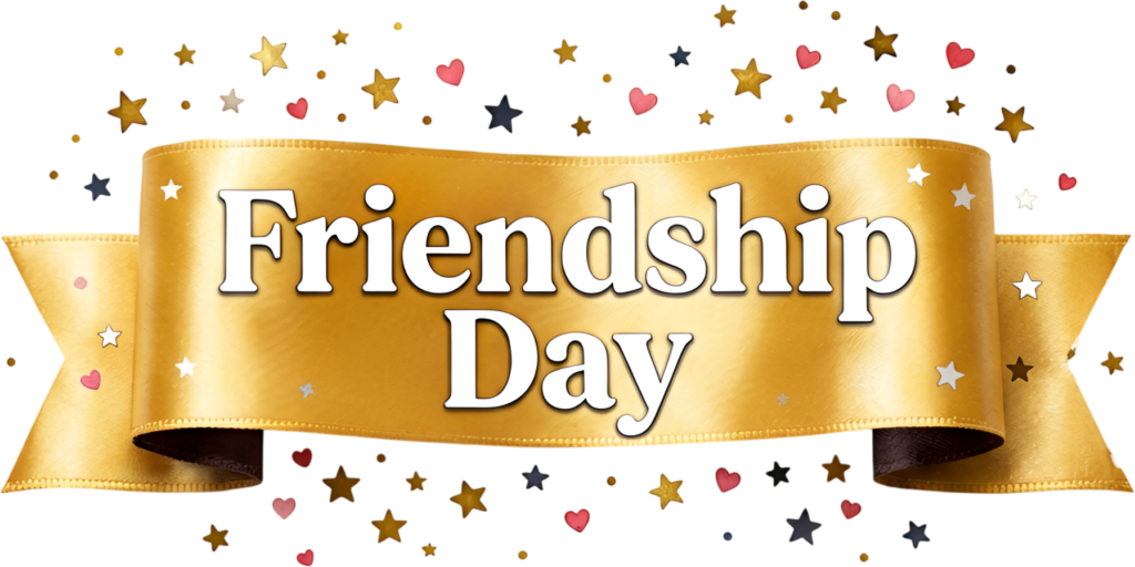 Showcase graceful “Friendship Day” lettering positioned centrally on a luxurious golden ribbon, surrounded by festive stars and hearts PNG clipart.