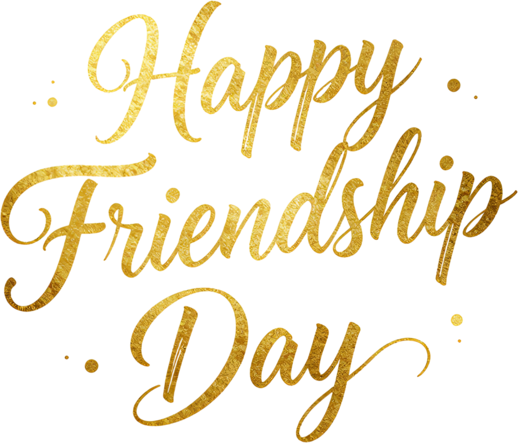 Present radiant “Happy Friendship Day” gold foil script with subtle decorative dots, perfect for sophisticated invitations PNG clipart.