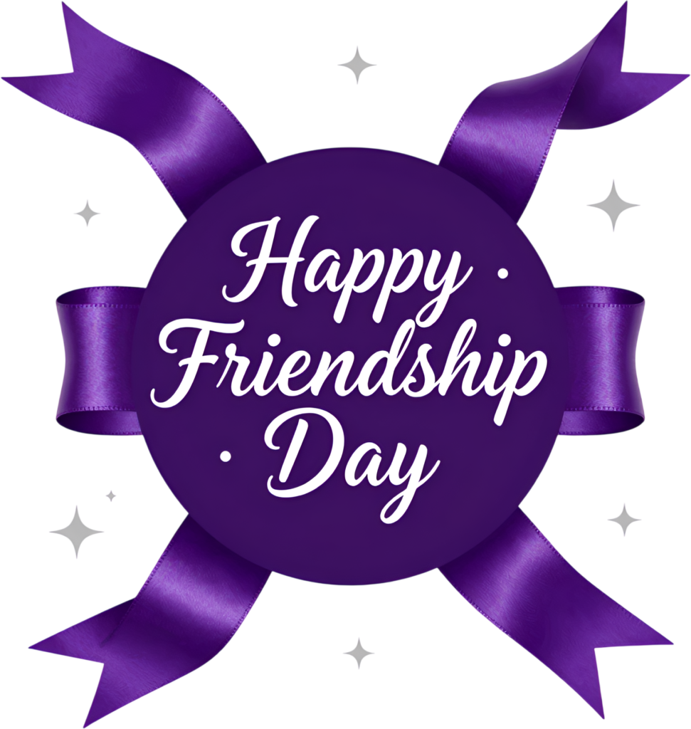 Display a festive “Happy Friendship Day” message on a prominent purple circular badge, adorned with decorative ribbons PNG clipart.