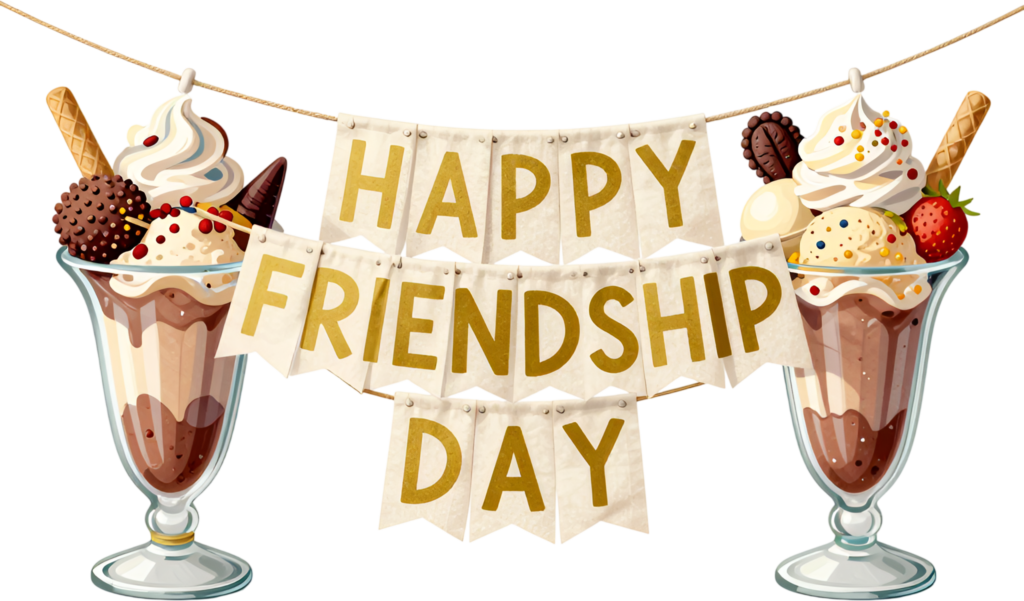 Indulge in an adorable “Happy Friendship Day” banner strung between two delicious ice cream sundaes, a sweet celebration PNG clipart.
