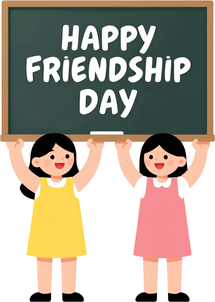 Utilize charming cartoon girls holding a “Happy Friendship Day” blackboard, perfect for educational or playful themed graphics PNG clipart.
