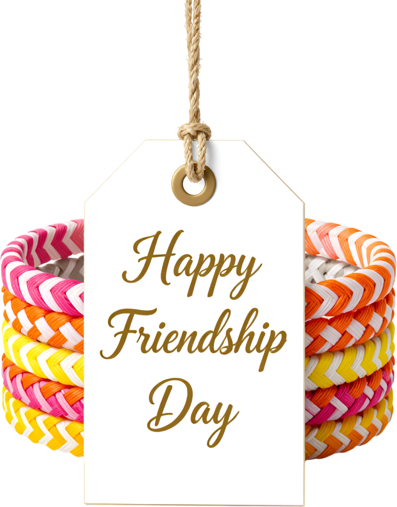 Personalize gifts with a colorful friendship bracelets stack featuring a “Happy Friendship Day” tag, perfect for heartfelt gifting PNG clipart.