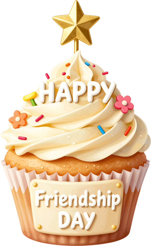 Present a delicious cupcake adorned with “Happy Friendship Day” text and a golden star topper, a sweet celebration PNG clipart.