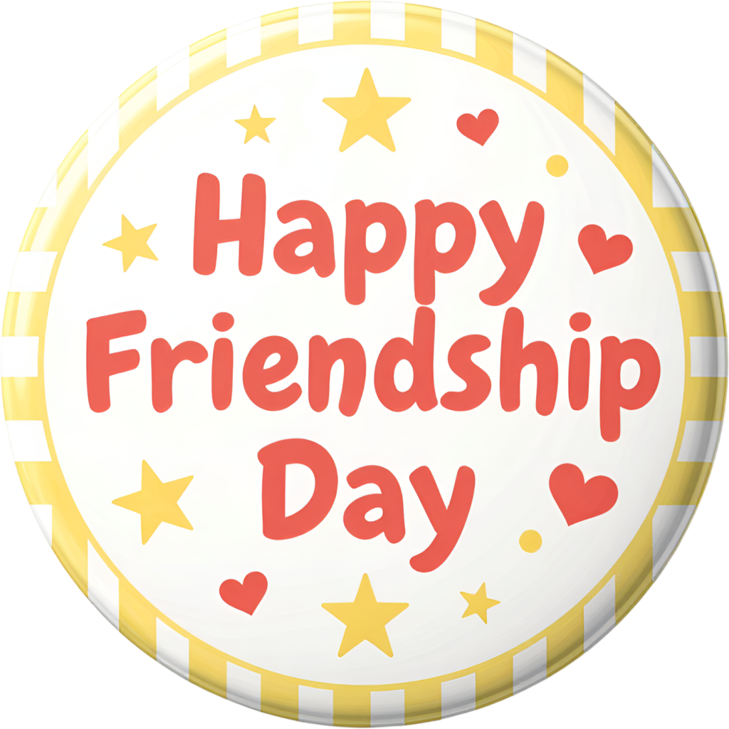 Access a vibrant “Happy Friendship Day” circular badge, decorated with cheerful stars and hearts for lively celebrations PNG clipart.