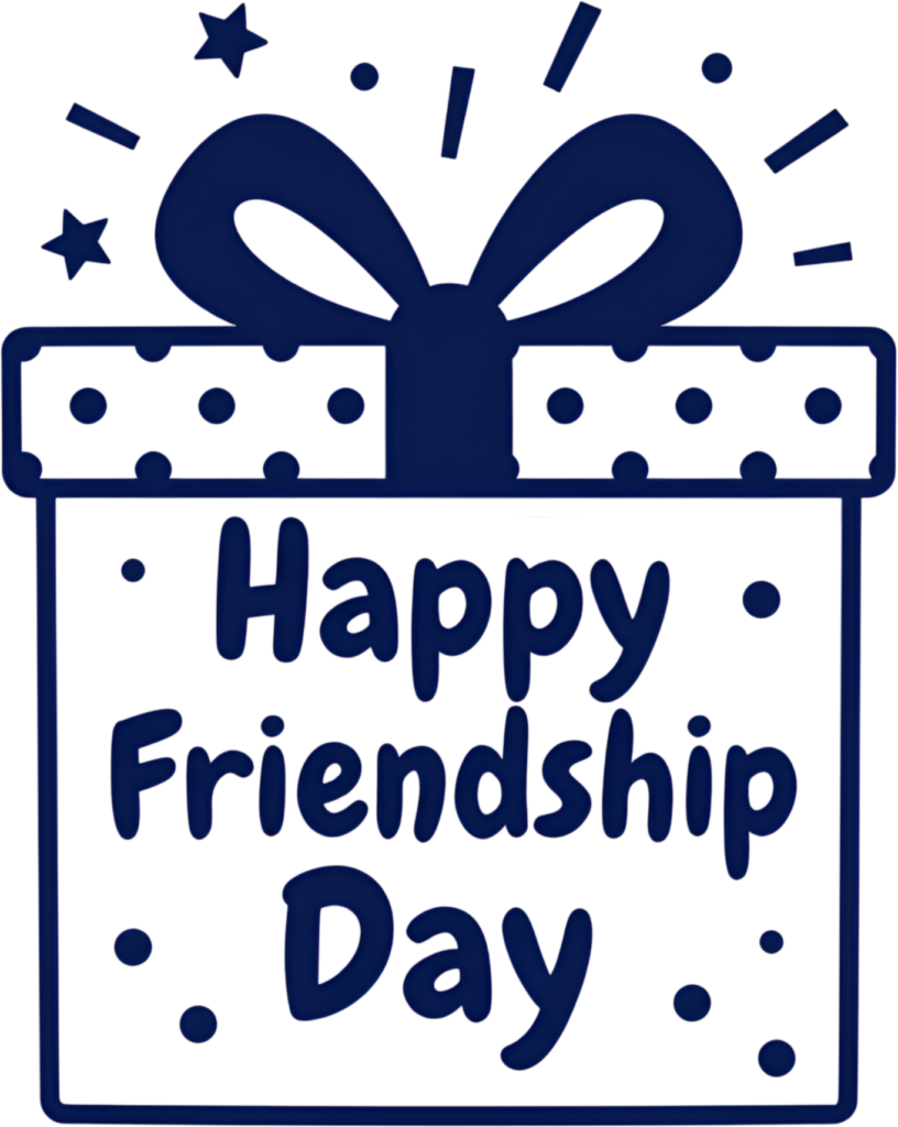 Package your message with a stylized gift box featuring “Happy Friendship Day” text and a charming polka dot pattern, perfect for greetings PNG clipart.