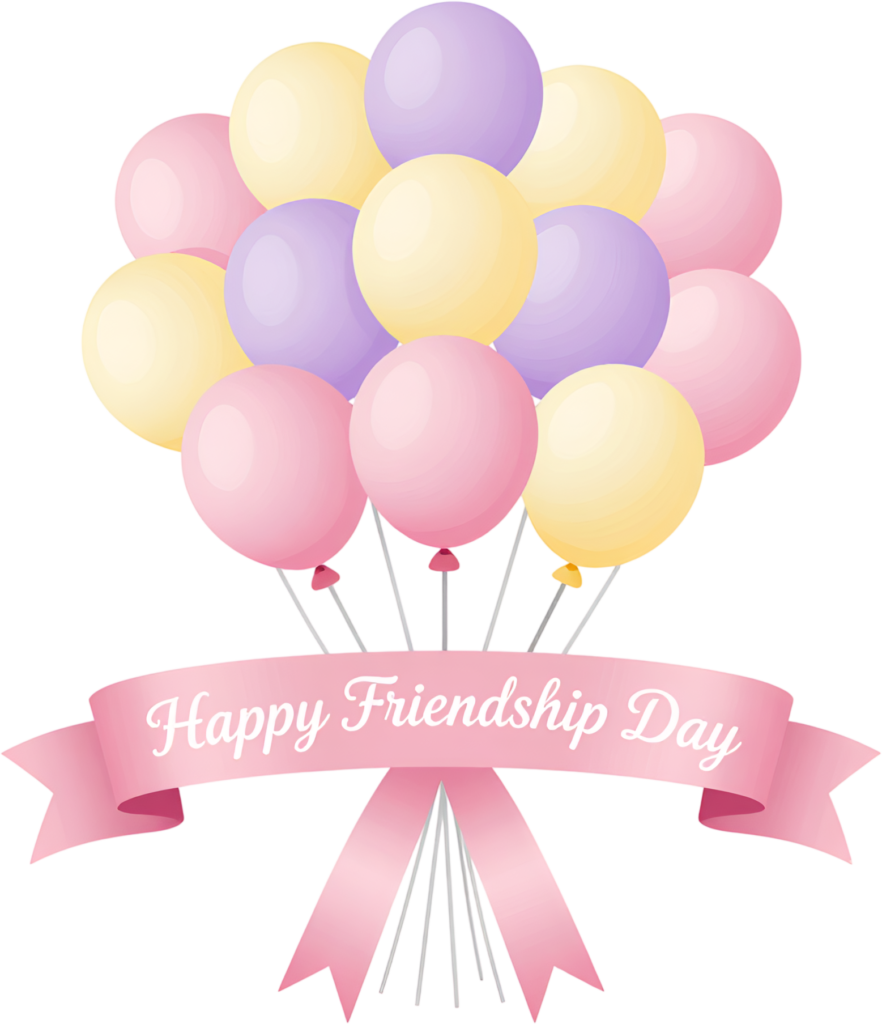 Float into fun with an elegant bouquet of pastel balloons showcasing a “Happy Friendship Day” pink ribbon, ideal for celebrations PNG clipart.