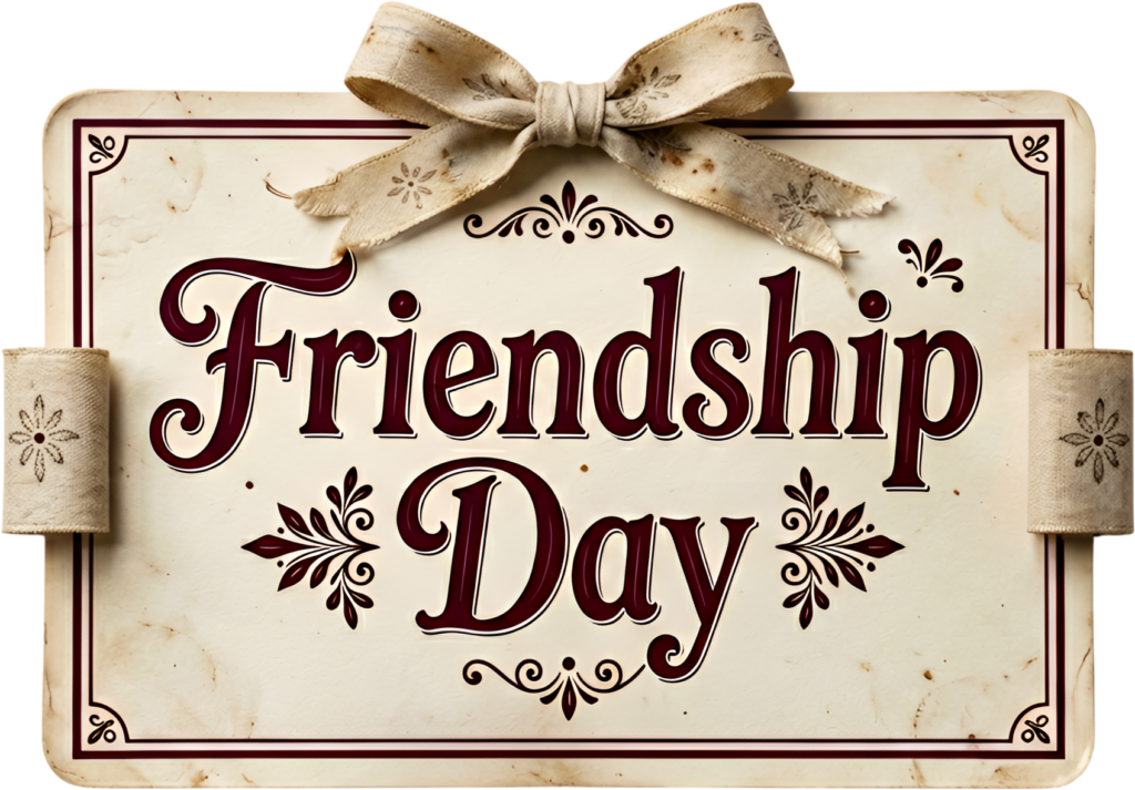 Showcase a rustic “Friendship Day” vintage-style sign featuring an elegant fabric ribbon, perfect for nostalgic and charming themes PNG clipart.